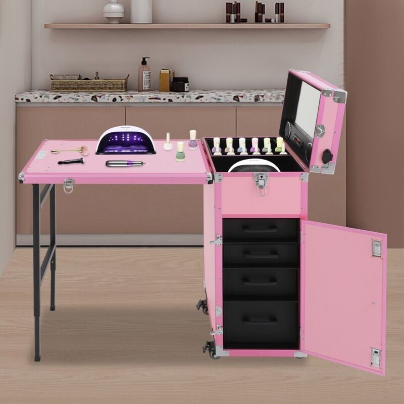 Table pliante multifonctionnelle avec trousse à maquillage, table à manucure mobile, chariot de beauté, coffre de rangement, valise à roulettes pour