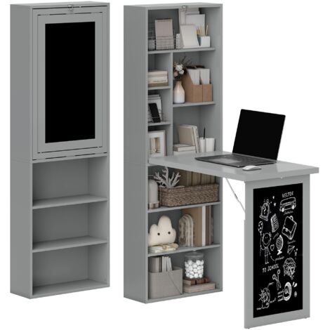Table pliante murale avec espace de rangement, étagères, surface de travail, tableau noir et étagères réglables.