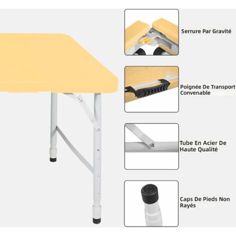 Table pliante portable 125 cm avec poignée, hauteur réglable et capacité 135 kg, table multifonction pour camping pique-nique intérieur extérieur, couleur jaune clair