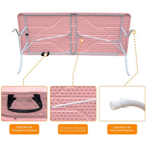 Table pliante portable 180 cm avec poignée, table robuste multifonction pour camping pique-nique intérieur extérieur, capacité 135 kg (rose)