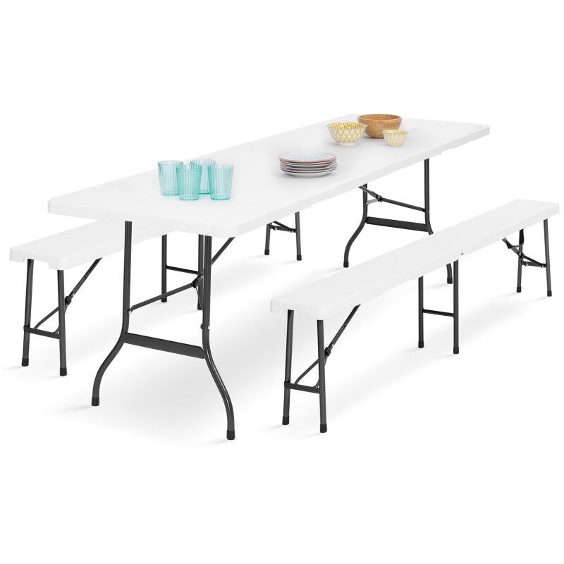 Idmarket - Table pliante d'appoint portable et 2 bancs pliables 180 cm - Gris - Pour camping ou réception - Gris