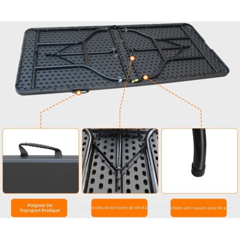 Table pliante portable 180 cm robuste avec poignée, table multifonction pour camping pique-nique intérieur extérieur, capacité 135 kg noir