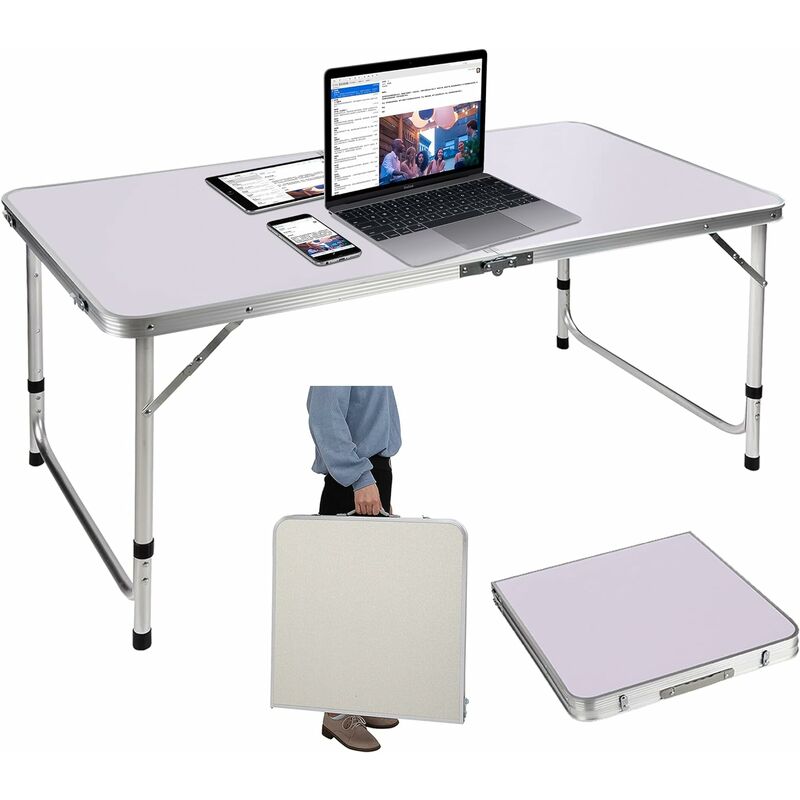 Table Pliante Portable en Aluminium de 120 cm - Table de Camping - 3 Vitesses réglable en Hauteur - Table Pliante en Aluminium léger - Dimensions