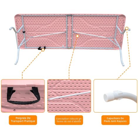 Table pliante portable robuste 244 cm avec poignée, table multifonction pour camping pique-nique intérieur extérieur, capacité 135 kg, couleur rose