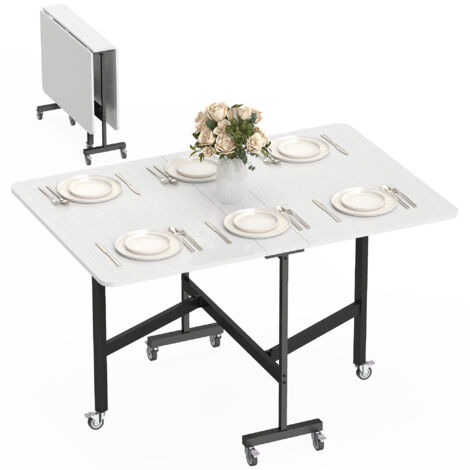 Table pliante pour 4 à 6 personnes avec 2 volets et roues avec frein, 120x80x73 cm, bois blanc