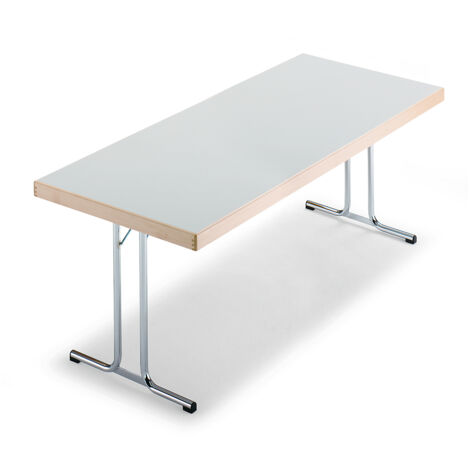 Table pliante rectangulaire 1500 x 800 mm – Piétement en T en tube d'acier chromé – Plateau mélaminé gris clair – Épaisseur 19 mm – Certeo