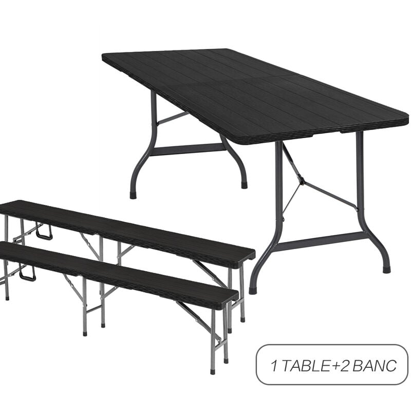 Ensemble Table et 2 Banc Pliante - Table Rectangulaire de Jardin 8 Personnes - Ensemble Table et Banc Exterieur pour Jardin Terrasse et Balcon - Noir