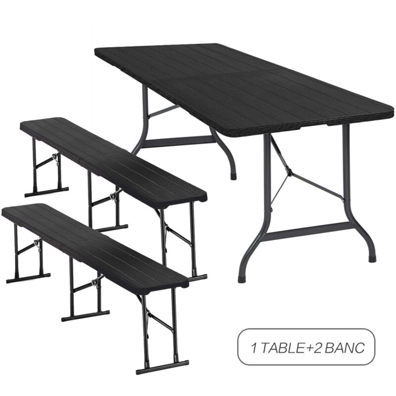 Ensemble Table et 2 Banc Pliante - Table de Jardin 8 Personnes - Ensemble Table et Banc Exterieur pour Jardin Terrasse et Balcon - Noir