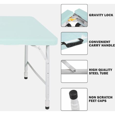 Table pliante robuste 125 cm avec poignée, hauteur réglable, multifonction camping/pique-nique, charge 135 kg, bleue
