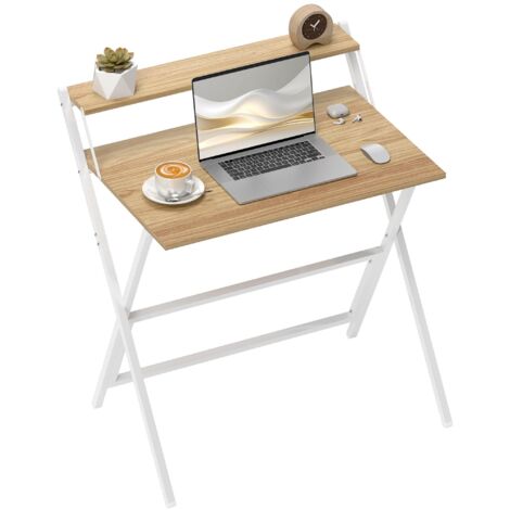 Table pliante stable avec support dédié pour écran d'ordinateur, structure solide en imitation bois, dimensions 81,5 x 62 x 86,5 cm, finition mélangée bois et blanc