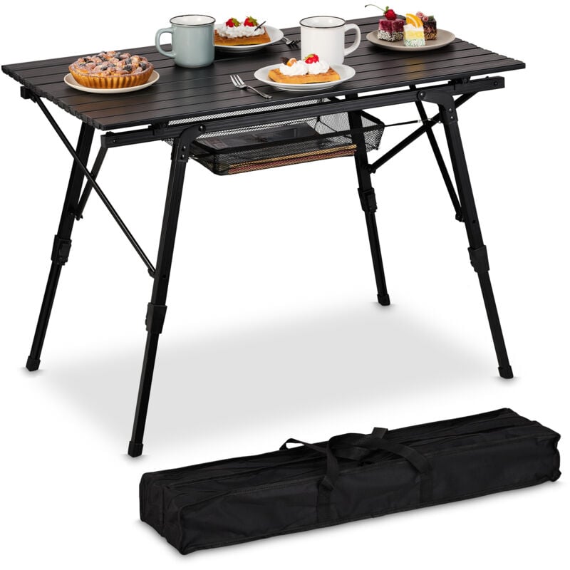 Table pliable, support pliable camping, réglable en hauteur, aluminium, accessoire de jardin, noir - Relaxdays