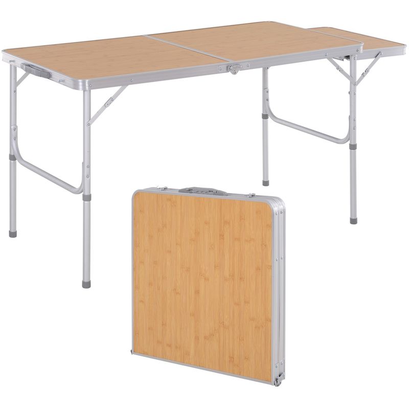 Table pliante table de camping table de jardin avec rallonge hauteur réglable aluminium MDF imitation bambou - Beige