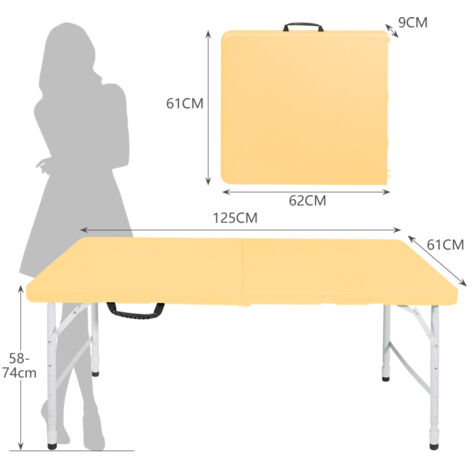 Table pliante, table pliante portable de 125 cm avec poignée, hauteur réglable de 58 cm à 74 cm, capacité de charge 135 kg (jaune clair)