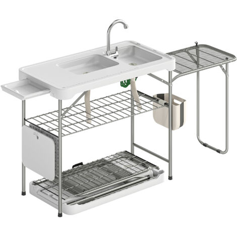 Table portable pliante nettoyer poissons 2 éviers tuyau robinet panier latéral fentes, blanc