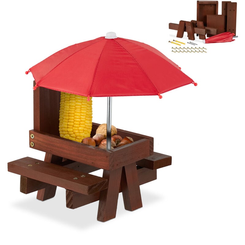 relaxdays - mangeoire pour écureuils, à assembler, en bois, avec parasol, à suspendre, marron et rouge