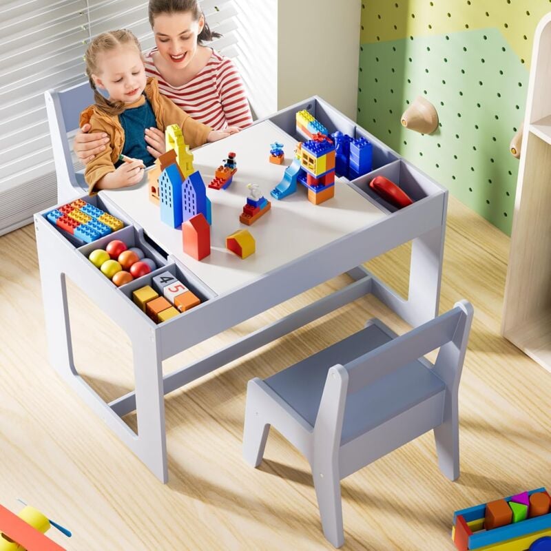 Table pour enfant avec 2 chaises,Table à Dessin,Table d'Activité,Groupe de sièges pour enfant,ensemble de chaises avec plateau réversible(Bleu)