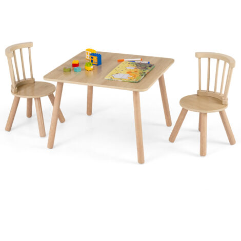 Table pour Enfants et 2 Chaises, avec Dossiers Incurvés à Barreaux, Sièges Ronds & Pieds en Bois Massif Naturel, Mobilier pour Tout-petits, Naturel