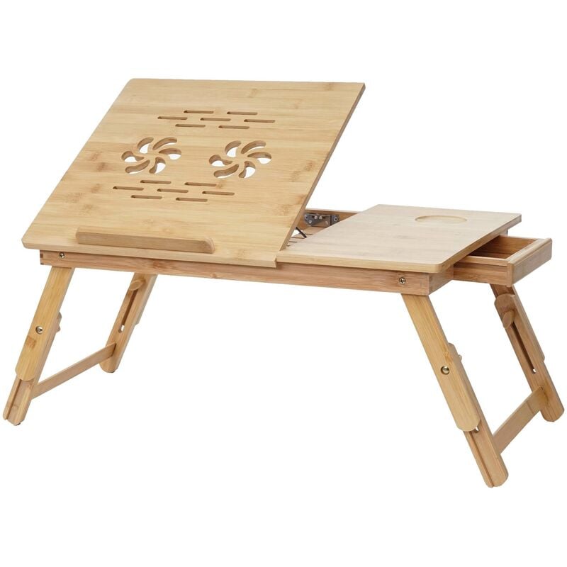 Table pour ordinateur portable/portatif HHG 729, table pliante, trous d'évent, réglable, bambou - beige