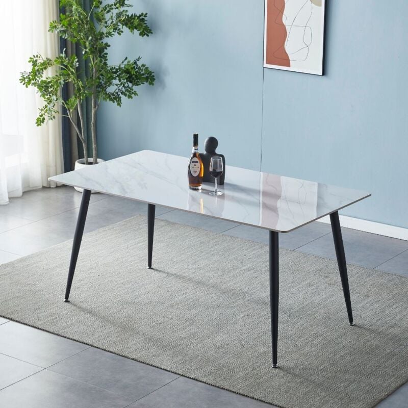 Iperbriko - Table rectangulaire 140x80 effet marbre blanc