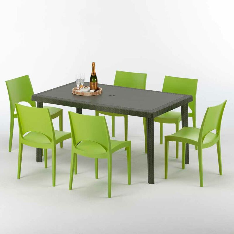 Table rectangulaire 6 chaises Poly rotin resine 150x90 marron Focus Chaises Modèle: Paris Vert
