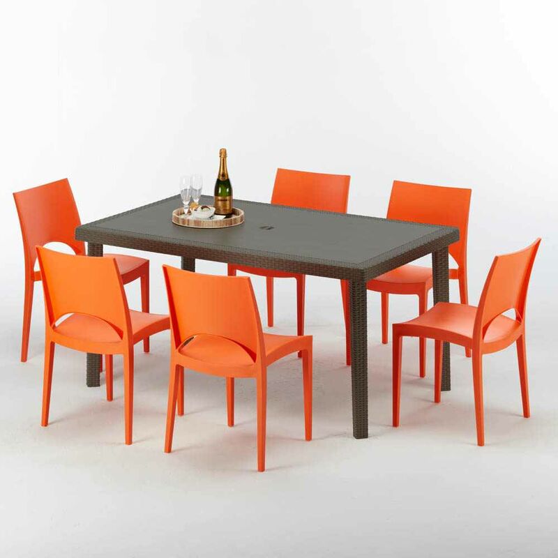 Table rectangulaire 6 chaises Poly rotin resine 150x90 marron Focus Chaises Modèle: Paris orange