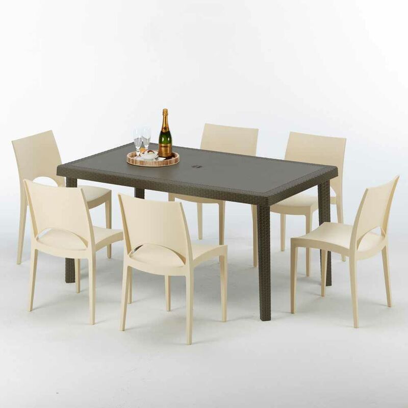 Table rectangulaire 6 chaises Poly rotin resine 150x90 marron Focus Chaises Modèle: Paris Beige ivoire