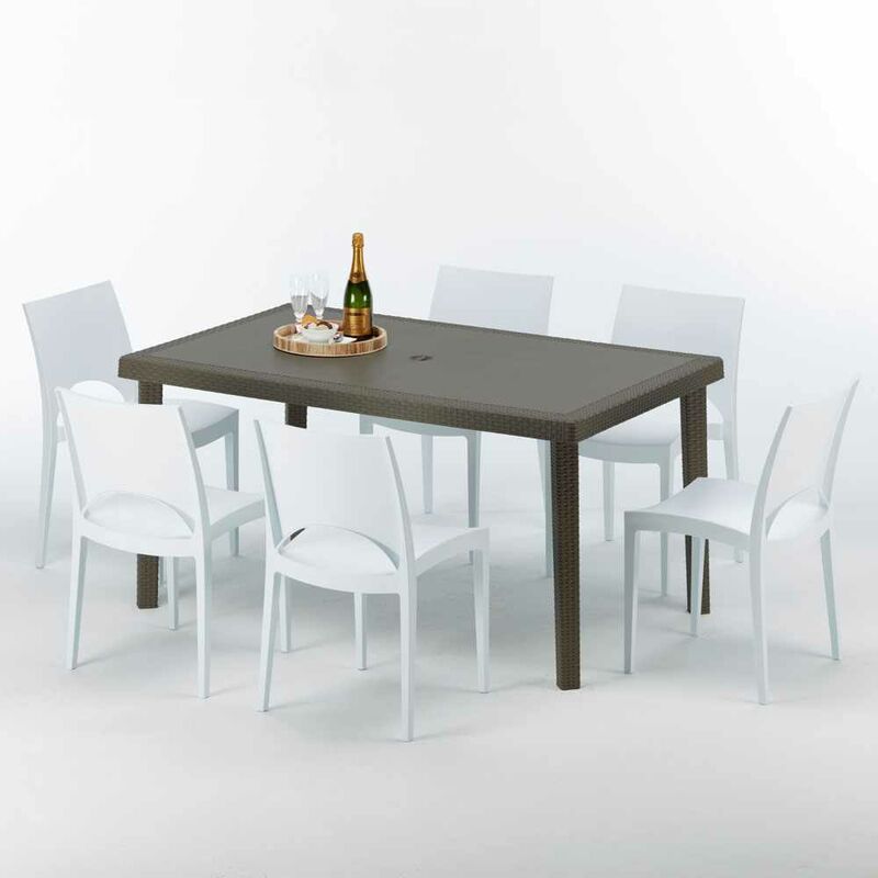 Table rectangulaire 6 chaises Poly rotin resine 150x90 marron Focus | Paris Blanc