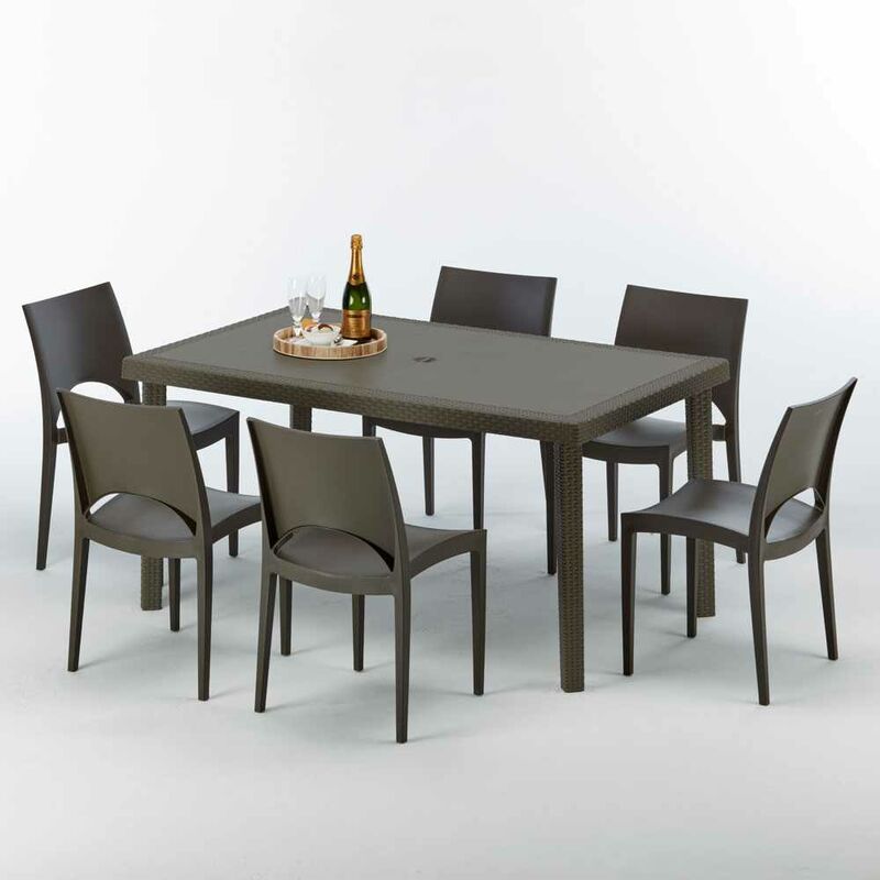 Table rectangulaire 6 chaises Poly rotin resine 150x90 marron Focus Chaises Modèle: Paris Marron Moka