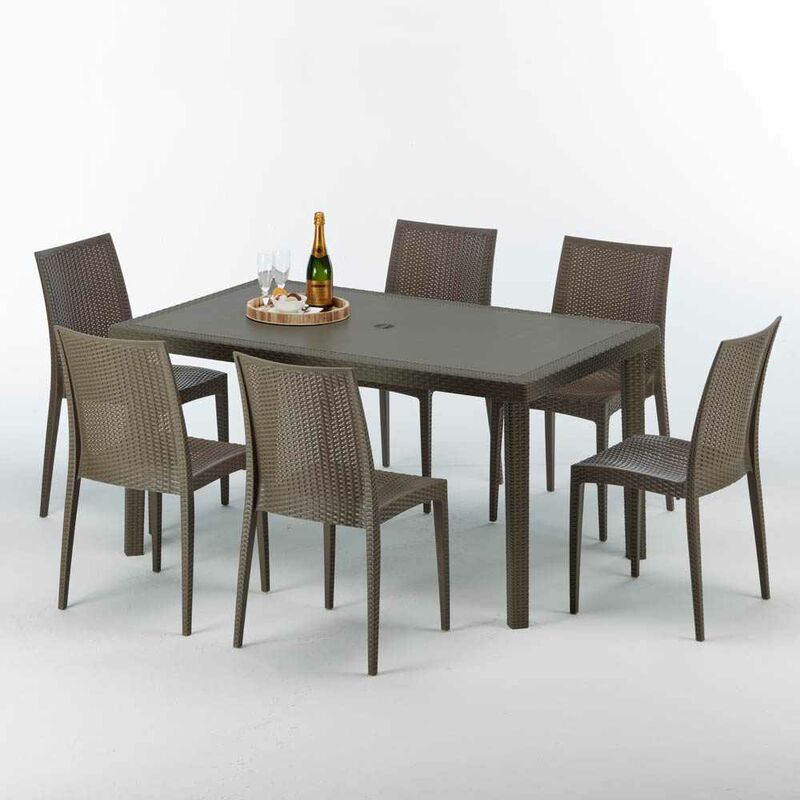 Table rectangulaire 6 chaises Poly rotin resine 150x90 marron Focus Chaises Modèle: Bistrot Marron Moka