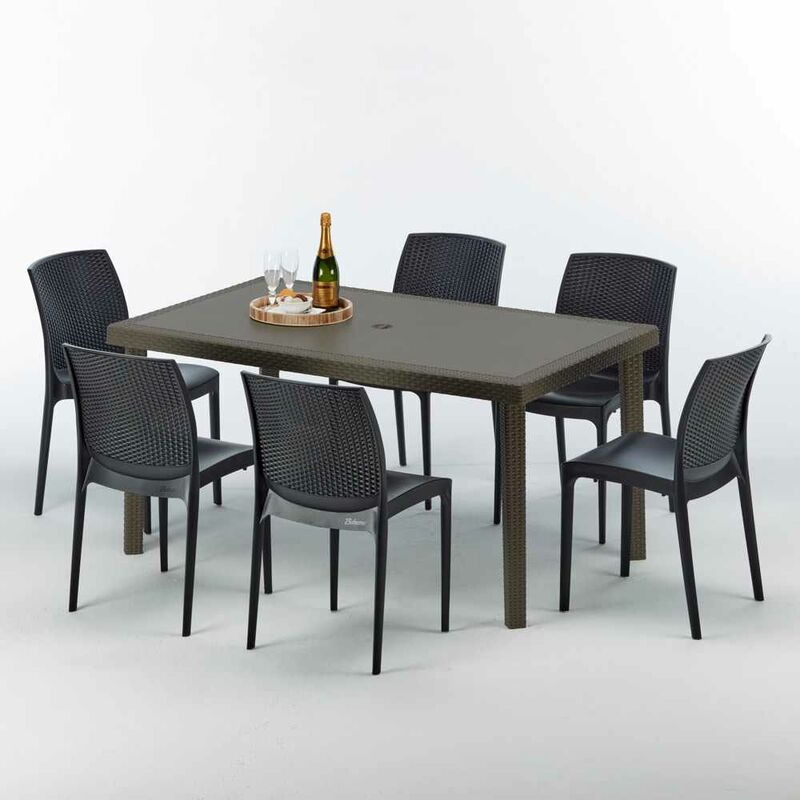 Table rectangulaire 6 chaises Poly rotin resine 150x90 marron Focus Chaises Modèle: Boheme Anthracite noir