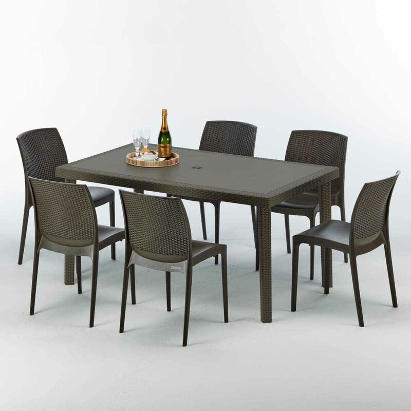 Table rectangulaire 6 chaises Poly rotin resine 150x90 marron Focus Chaises Modèle: Boheme Marron Moka