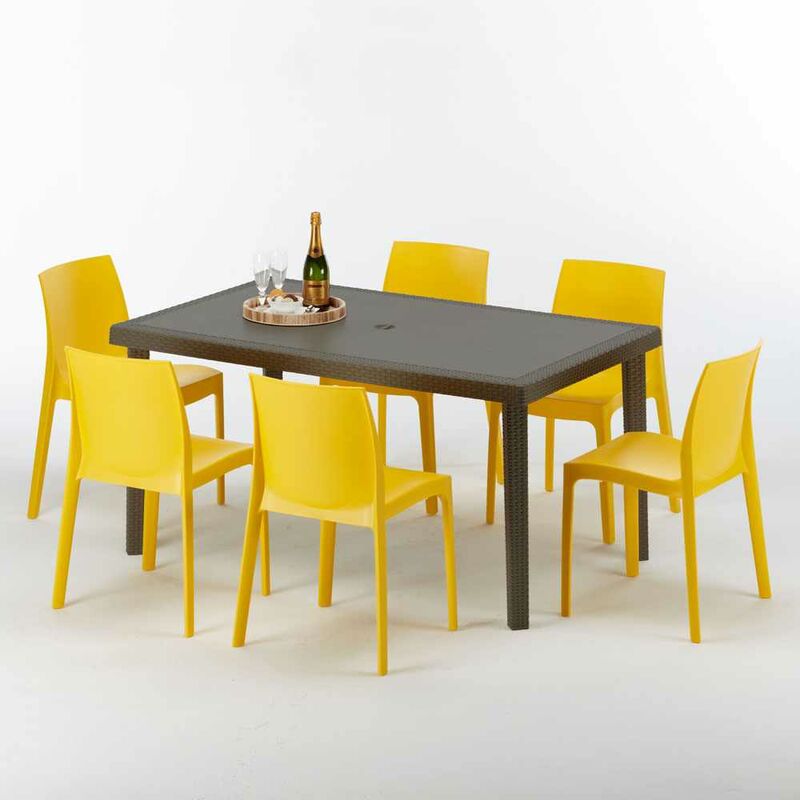 Table rectangulaire 6 chaises Poly rotin resine 150x90 marron Focus Chaises Modèle: Rome jaune