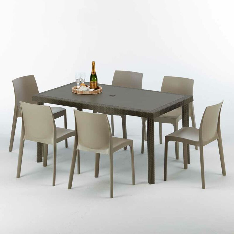 Table rectangulaire 6 chaises Poly rotin resine 150x90 marron Focus Chaises Modèle: Rome Beige Juta