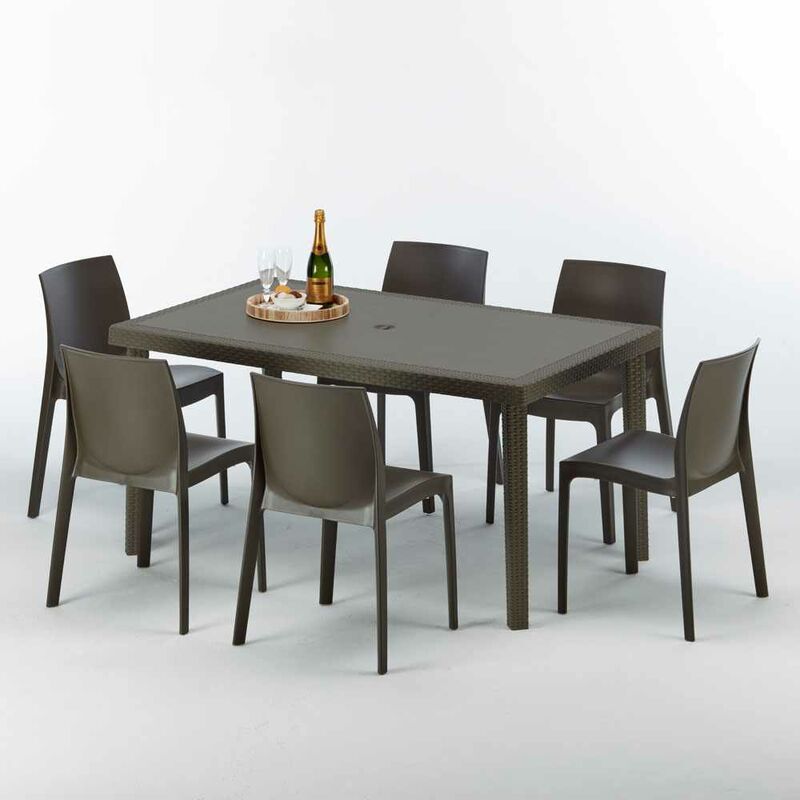 Table rectangulaire 6 chaises Poly rotin resine 150x90 marron Focus Chaises Modèle: Rome Marron Moka