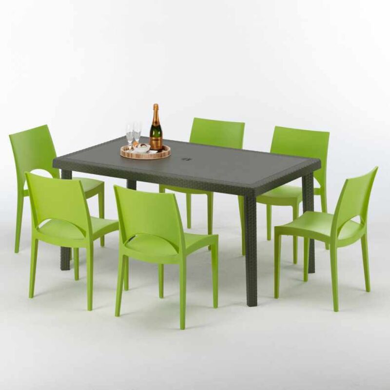 Table rectangulaire 6 chaises Poly rotin resine 150x90 marron Focus