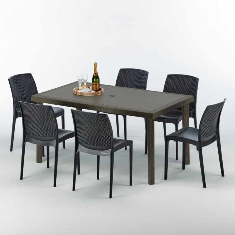 Table rectangulaire 6 chaises Poly rotin resine 150x90 marron Focus
