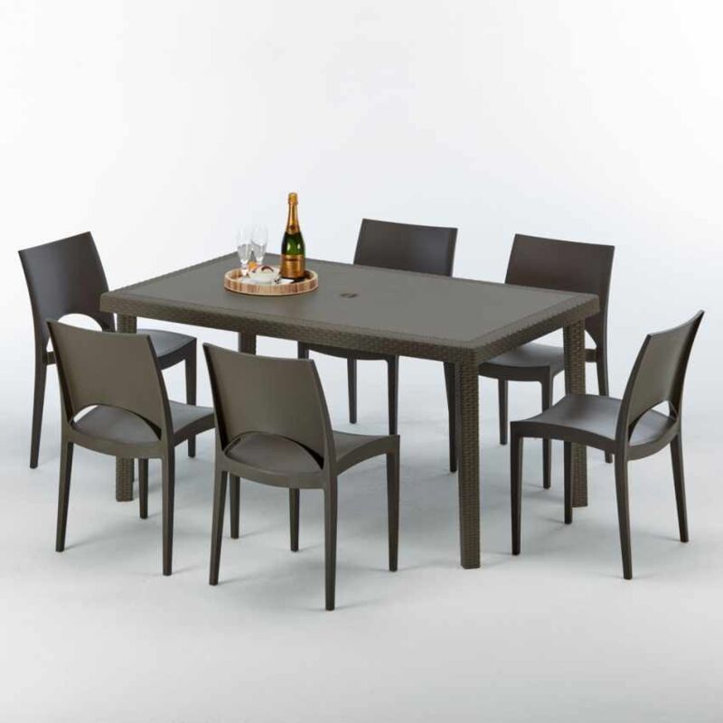 Table rectangulaire 6 chaises Poly rotin resine 150x90 marron Focus
