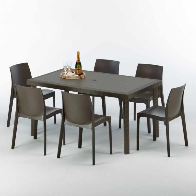 Table rectangulaire 6 chaises Poly rotin resine 150x90 marron Focus