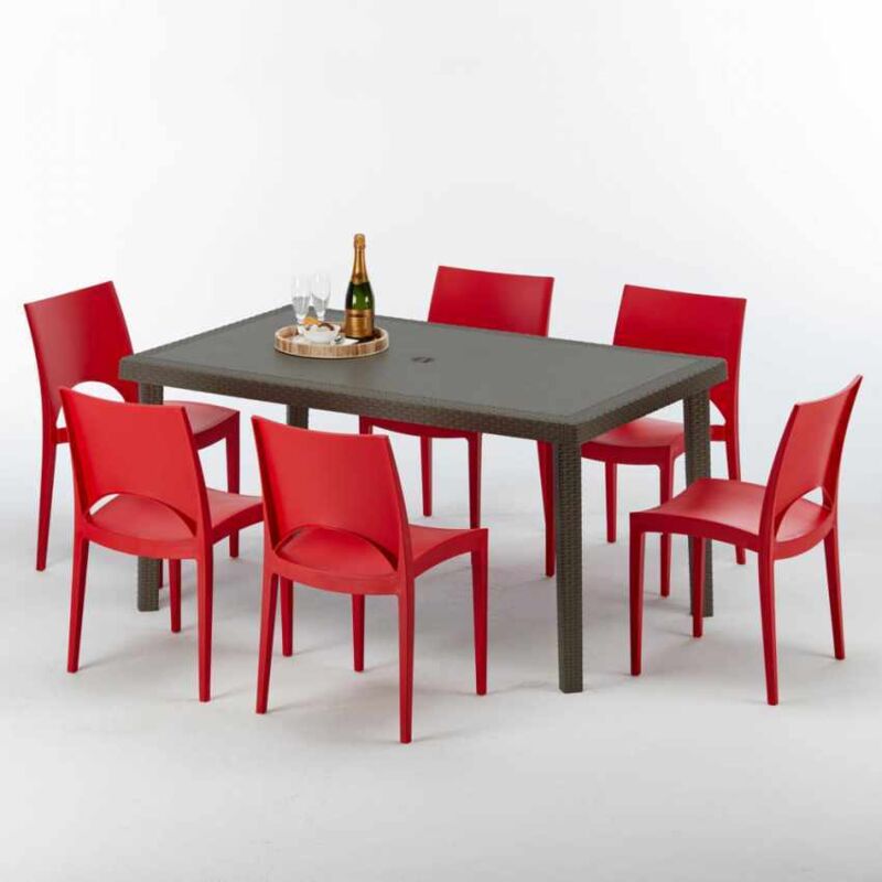 Table rectangulaire 6 chaises Poly rotin resine 150x90 marron Focus