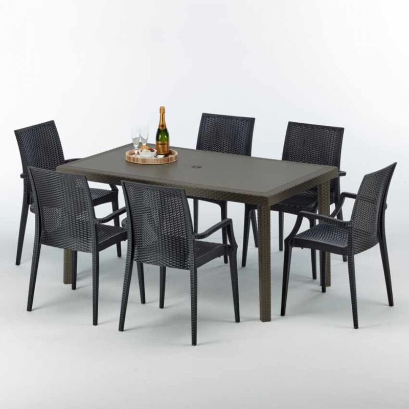 Grand Soleil – Ensemble table rectangulaire 6 chaises en polyrotin moka 150x90 cm – Résistant aux intempéries – Chaises empilables pour usage prolongé