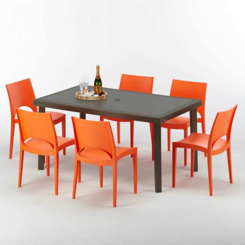 Table rectangulaire 6 chaises Poly rotin resine 150x90 marron Focus