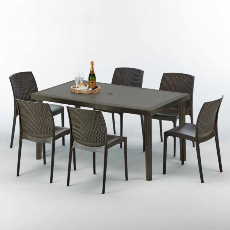 Table rectangulaire 6 chaises Poly rotin resine 150x90 marron Focus