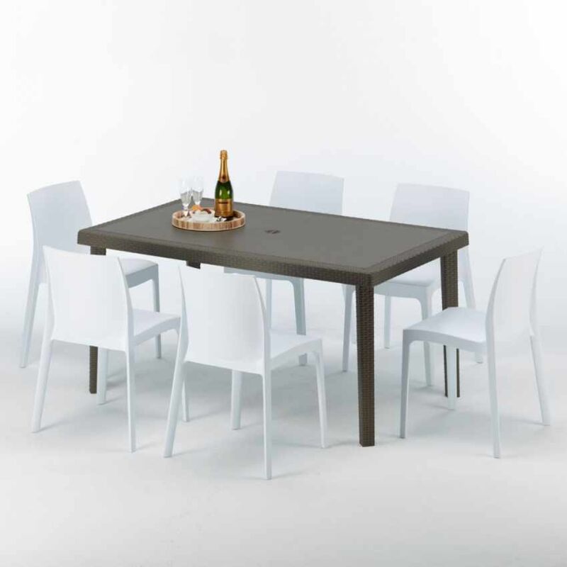 Table rectangulaire 6 chaises Poly rotin resine 150x90 marron Focus