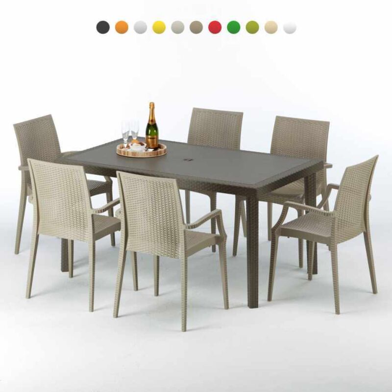 Grand Soleil – Ensemble table rectangulaire et 6 chaises en polyrotin