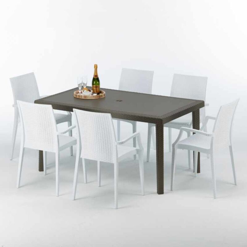 Table rectangulaire 6 chaises Poly rotin resine 150x90 marron Focus
