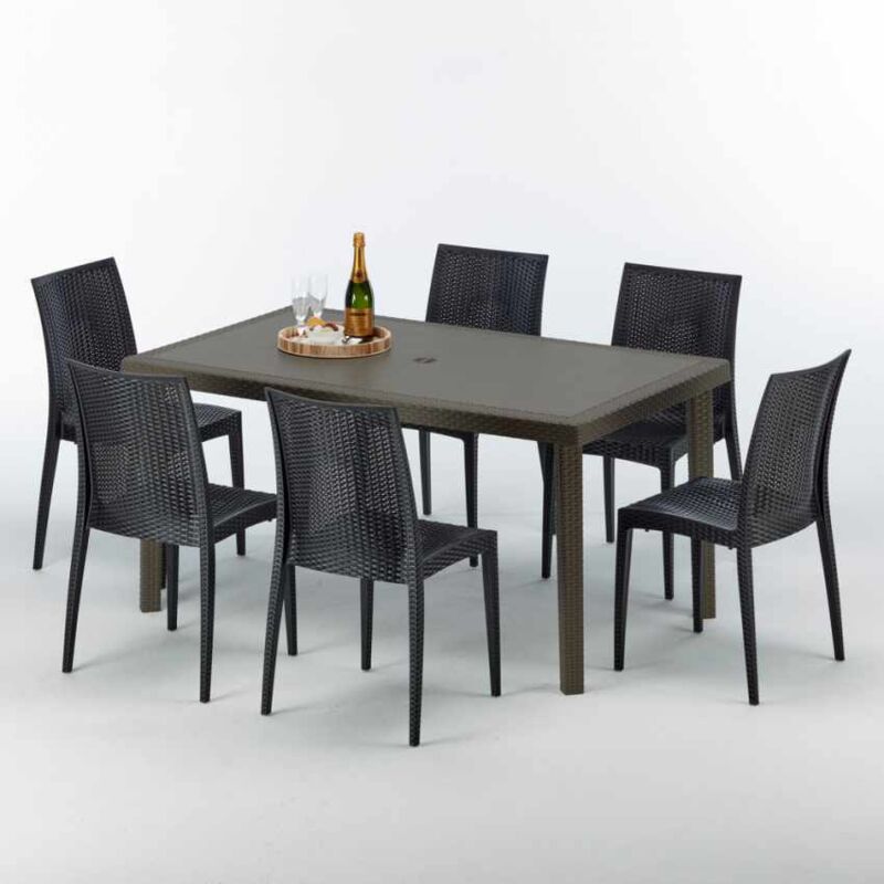 Table rectangulaire 6 chaises Poly rotin resine 150x90 marron Focus