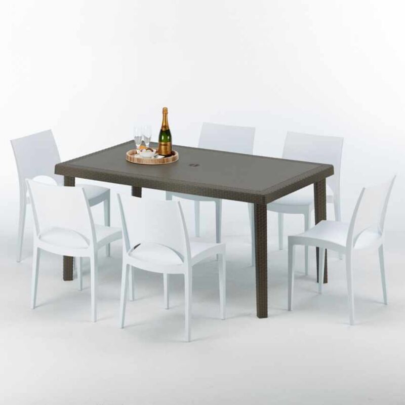 Table rectangulaire 6 chaises Poly rotin resine 150x90 marron Focus