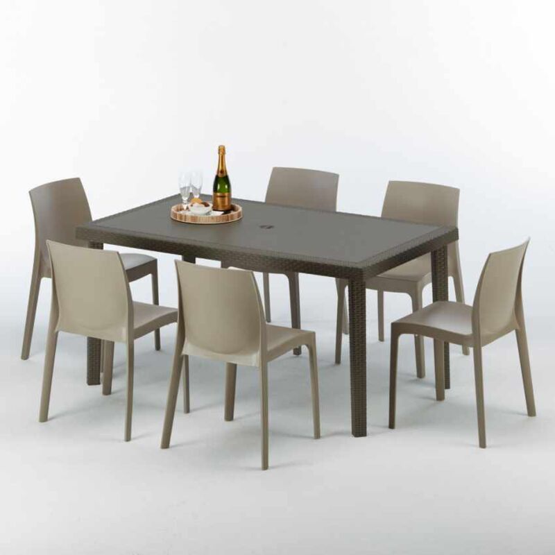 Table rectangulaire 6 chaises Poly rotin resine 150x90 marron Focus