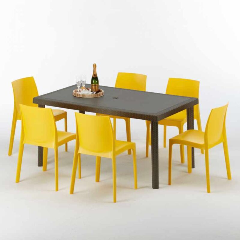 Table rectangulaire 6 chaises Poly rotin resine 150x90 marron Focus