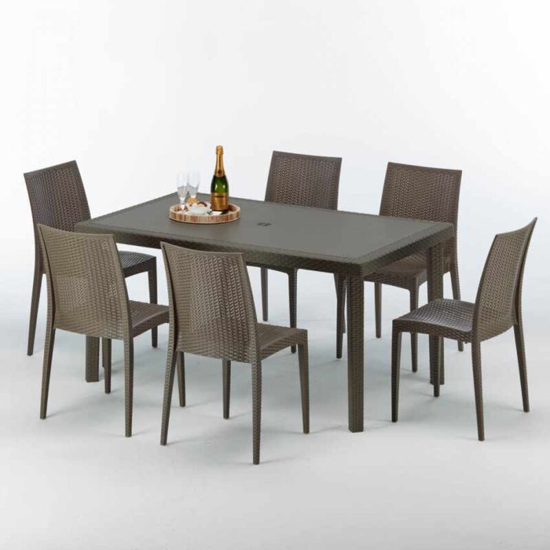 Table rectangulaire 6 chaises Poly rotin resine 150x90 marron Focus